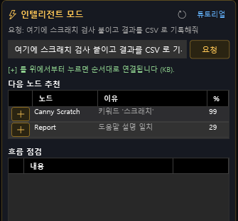 인텔리전트 모드 요청 입력 : 문장에서 스크래치 검사와 결과 기록 노드를 골라 추천합니다